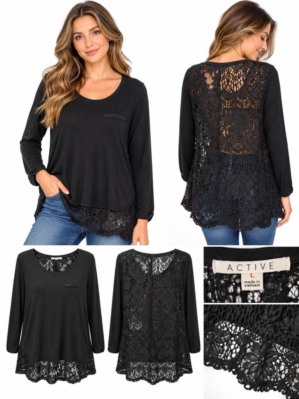 Active Size L Black Full Lace Back Long Sleeve Tunic Top
